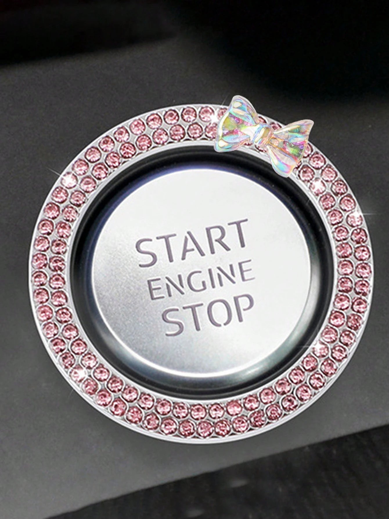 1pc One Click Start Decorative Ring Car Double Row Bow Crystal Ignition Ring Ignition Switch Button Decoration Car Interior Decoration
