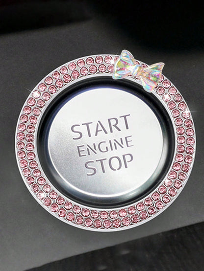 1pc One Click Start Decorative Ring Car Double Row Bow Crystal Ignition Ring Ignition Switch Button Decoration Car Interior Decoration