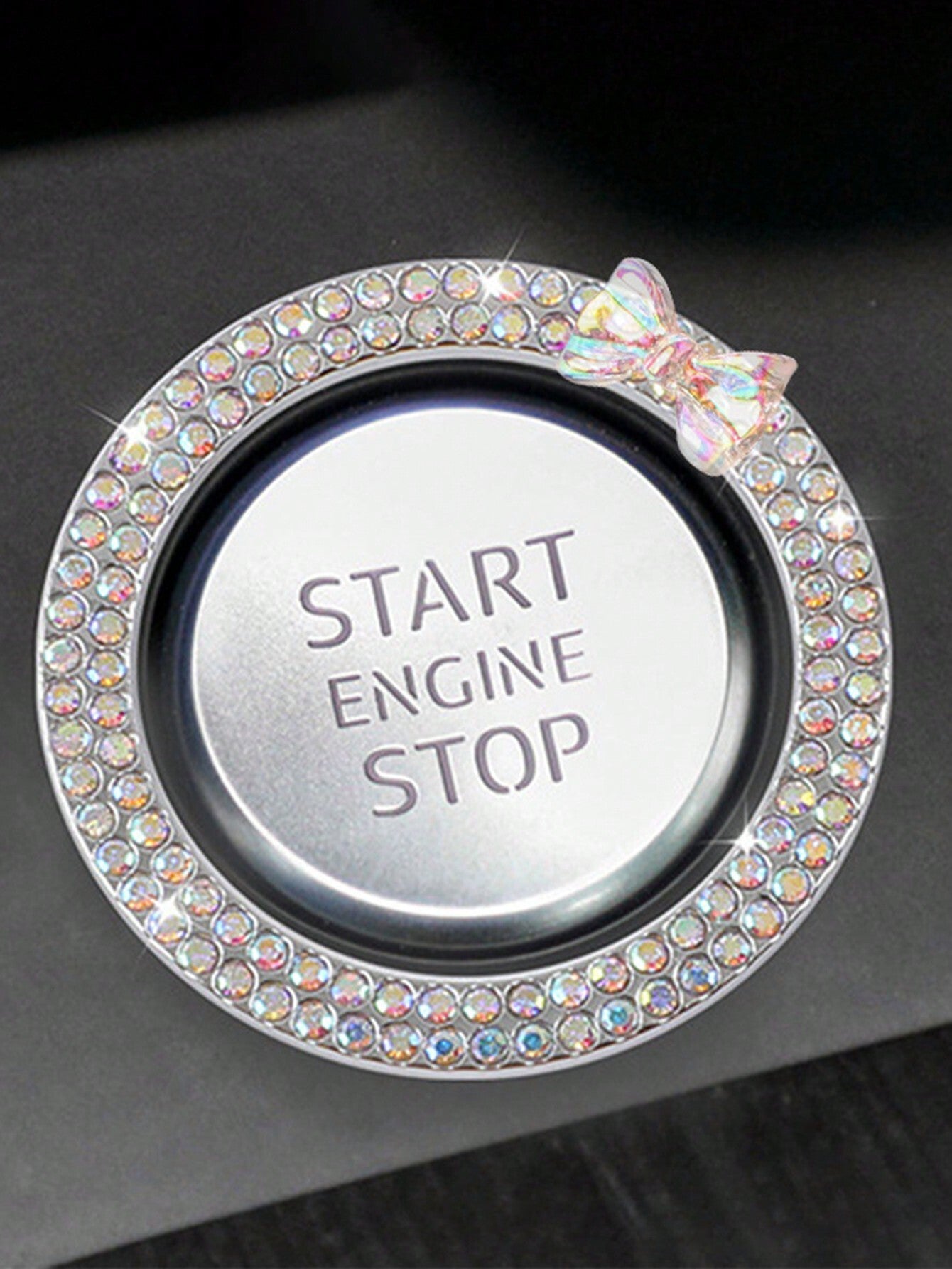 1pc One Click Start Decorative Ring Car Double Row Bow Crystal Ignition Ring Ignition Switch Button Decoration Car Interior Decoration