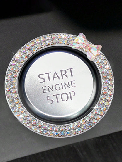 1pc One Click Start Decorative Ring Car Double Row Bow Crystal Ignition Ring Ignition Switch Button Decoration Car Interior Decoration