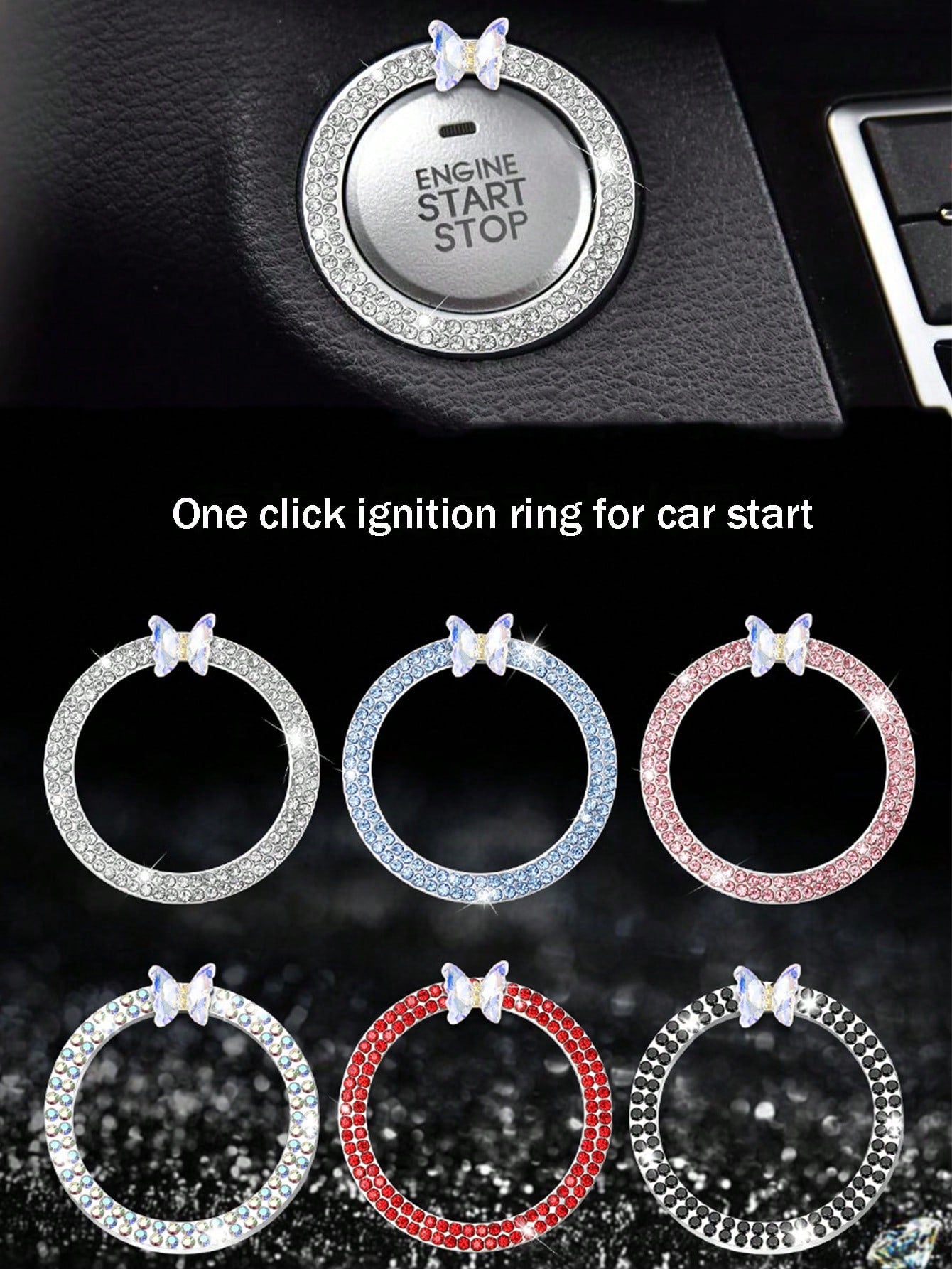 1pc One Click Start Decorative Ring Car Double Row Crystal Butterfly Ignition Ring Ignition Switch Button Decoration Protection