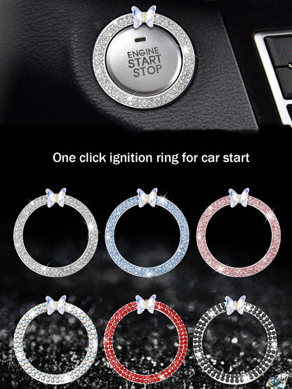 1pc One Click Start Decorative Ring Car Double Row Crystal Butterfly Ignition Ring Ignition Switch Button Decoration Protection