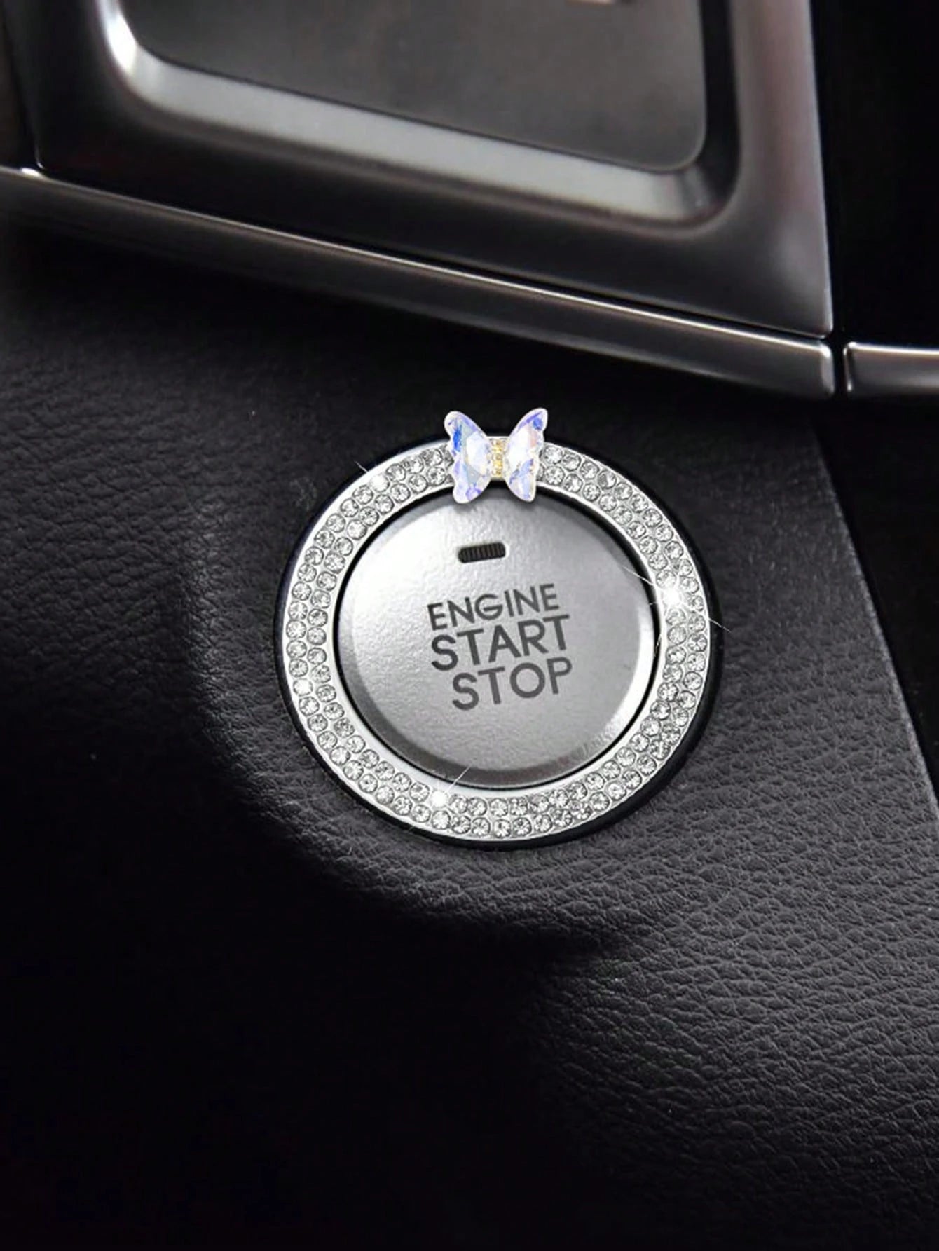 1pc One Click Start Decorative Ring Car Double Row Crystal Butterfly Ignition Ring Ignition Switch Button Decoration Protection
