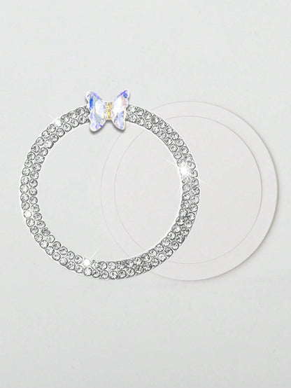 1pc One Click Start Decorative Ring Car Double Row Crystal Butterfly Ignition Ring Ignition Switch Button Decoration Protection