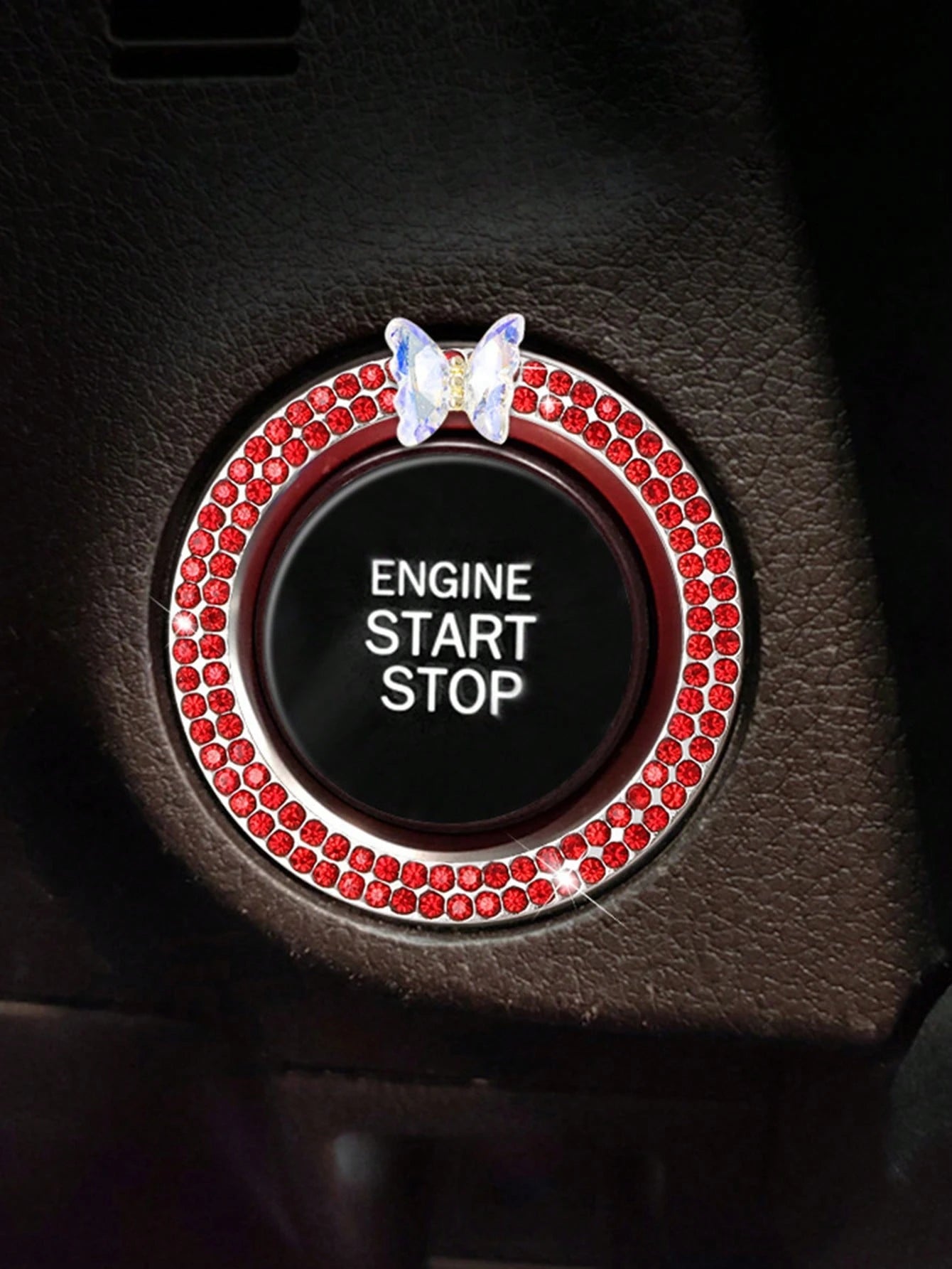 1pc One Click Start Decorative Ring Car Double Row Crystal Butterfly Ignition Ring Ignition Switch Button Decoration Protection