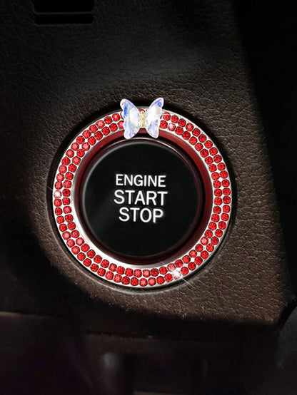 1pc One Click Start Decorative Ring Car Double Row Crystal Butterfly Ignition Ring Ignition Switch Button Decoration Protection