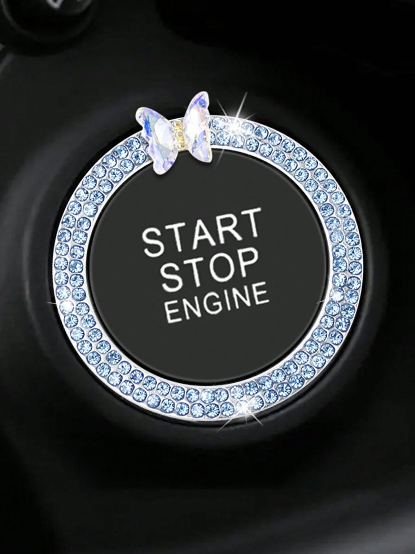 1pc One Click Start Decorative Ring Car Double Row Crystal Butterfly Ignition Ring Ignition Switch Button Decoration Protection