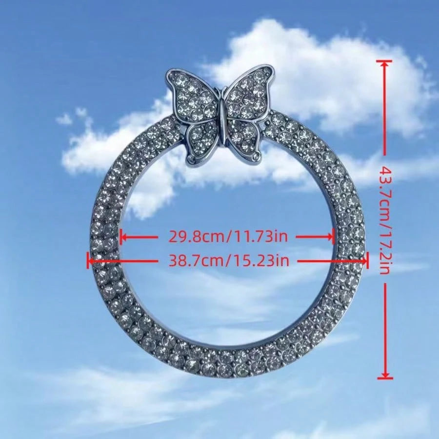 1pc One-Touch Start Button Decorative Ring, Handmade Rhinestone Inlaid, Butterfly Crystal Glass Faux Diamond Ring, Pink/Royal Blue
