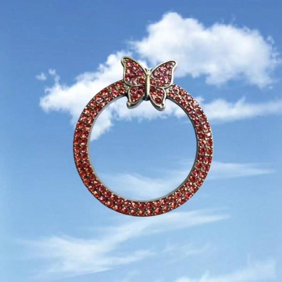 1pc One-Touch Start Button Decorative Ring, Handmade Rhinestone Inlaid, Butterfly Crystal Glass Faux Diamond Ring, Pink/Royal Blue