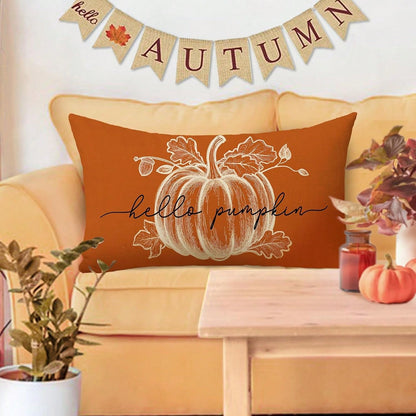 1pc Orange Autumn Pumpkin Hello Pumpkin Print Pillowcase, Farmhouse Style Autumn Maple Leaf Rectangular Pillow Cover, Single-Sided Print, Without Pillow Insert, Suitable For Sofa, Thanksgiving Home De