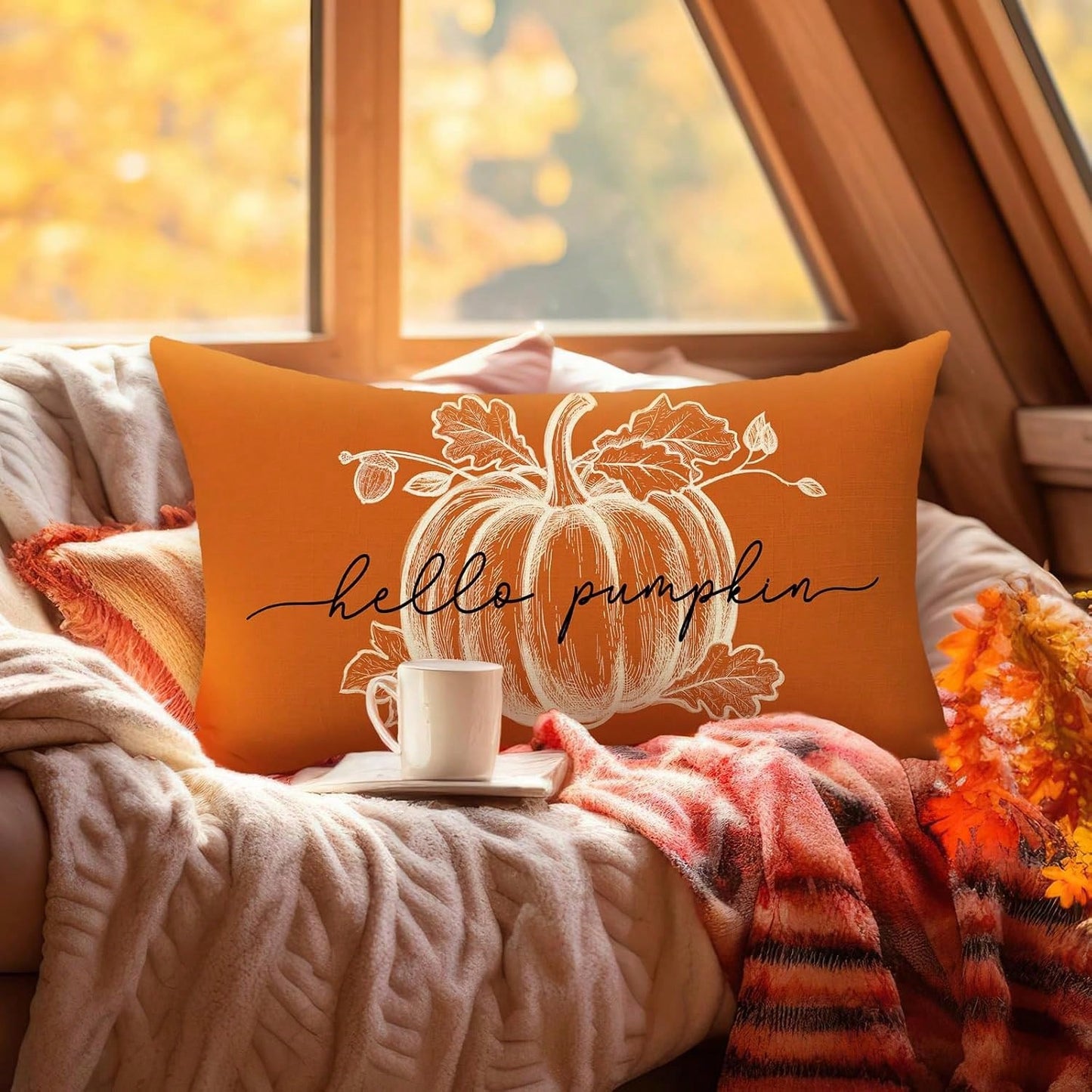 1pc Orange Autumn Pumpkin Hello Pumpkin Print Pillowcase, Farmhouse Style Autumn Maple Leaf Rectangular Pillow Cover, Single-Sided Print, Without Pillow Insert, Suitable For Sofa, Thanksgiving Home De