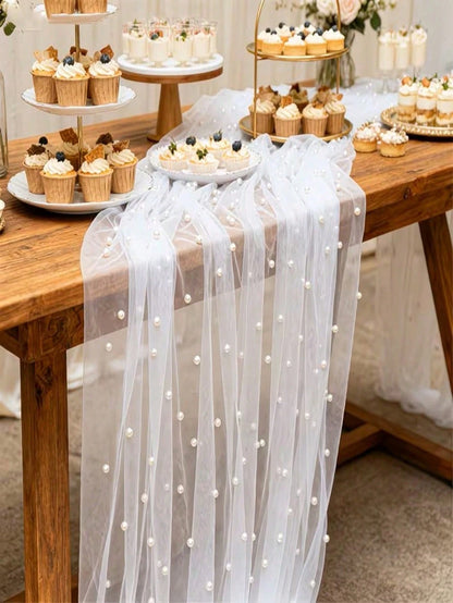 1pc Pearl Organza Table Runner, Pearl Organza Tablecloth, Pearl Organza Wedding Backdrop Decor, Pearl Mesh Tablecloth, DIY White Pearl Organza Wedding Backdrop Decor, Baby Shower Party Supplies, Weddi