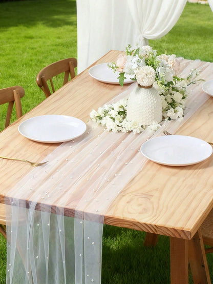 1pc Pearl Organza Table Runner, Pearl Organza Tablecloth, Pearl Organza Wedding Backdrop Decor, Pearl Mesh Tablecloth, DIY White Pearl Organza Wedding Backdrop Decor, Baby Shower Party Supplies, Weddi