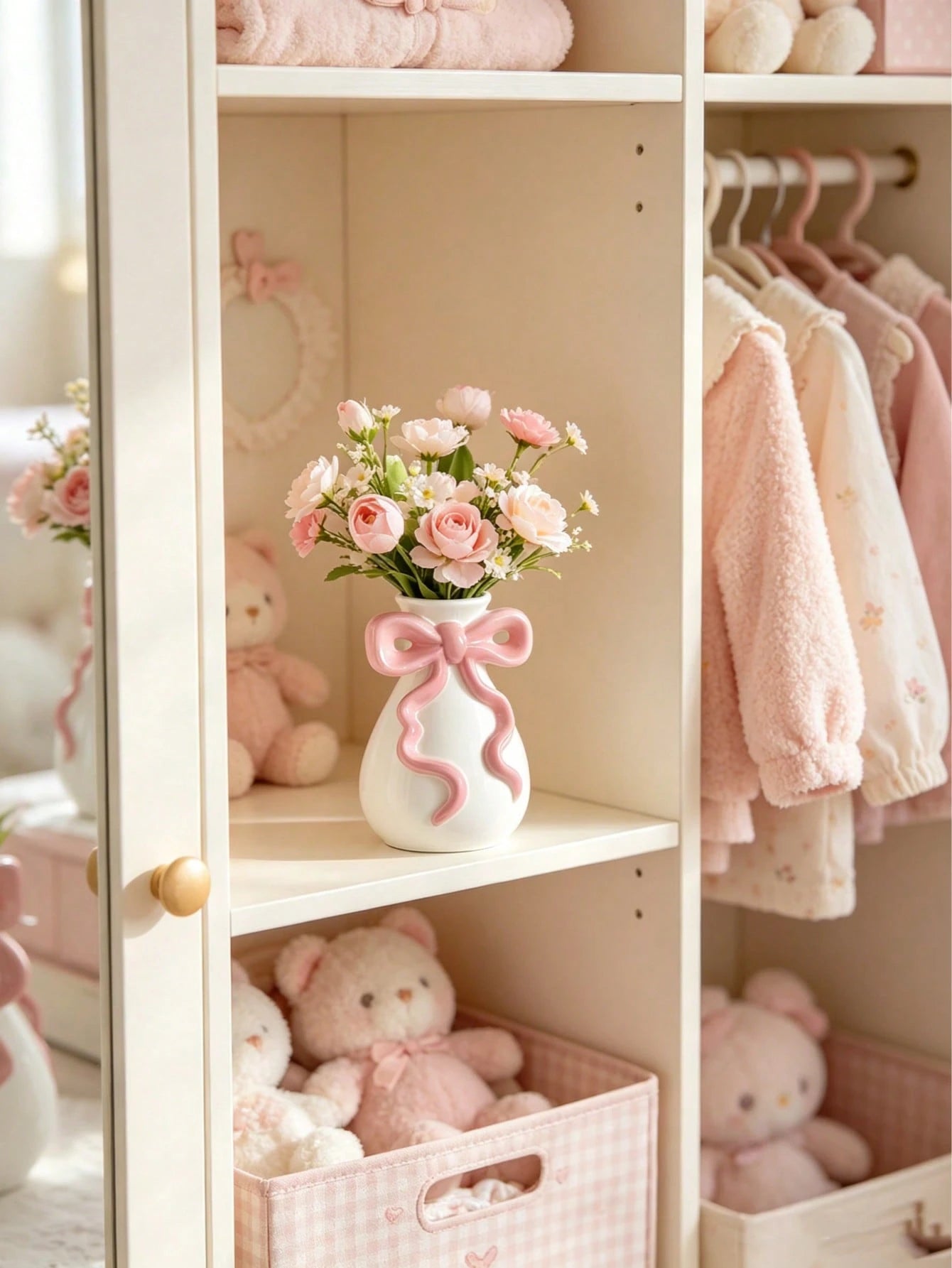 1pc Pink Bow Vase, Cute Decorative Vase, Suitable For Baby Room Decoration, Can Be Used For Flower Arrangement Or Displaying Tulips And Dried Flowers, Ideal Decoration For Vanity, Bedroom, And Wedding