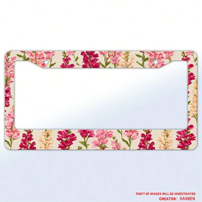1pc Pink Floral Pattern 2 Hole License Plate Frame Aluminum Material 6x12 Inches With Screw Set Vintage Car Decoration Standard US License Plate Size Fits American Car Licence Plates Auto Accessories