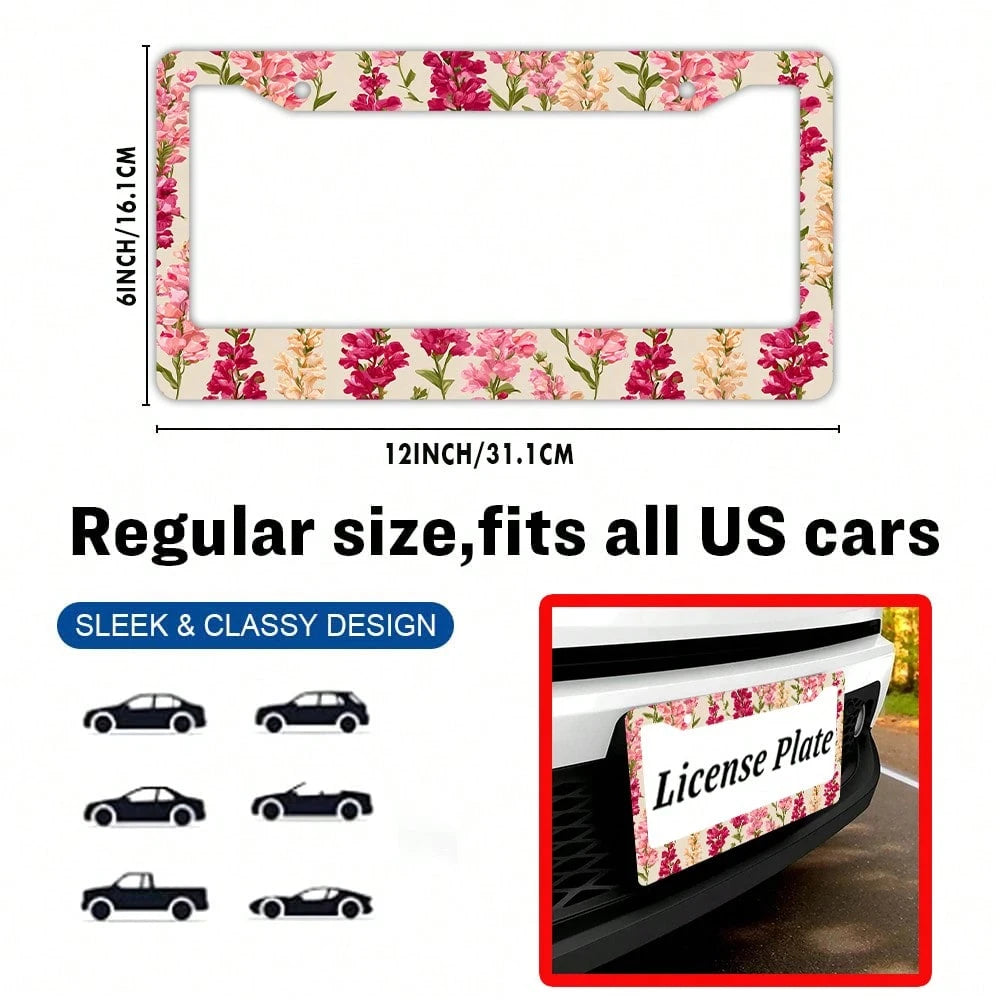 1pc Pink Floral Pattern 2 Hole License Plate Frame Aluminum Material 6x12 Inches With Screw Set Vintage Car Decoration Standard US License Plate Size Fits American Car Licence Plates Auto Accessories