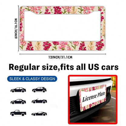 1pc Pink Floral Pattern 2 Hole License Plate Frame Aluminum Material 6x12 Inches With Screw Set Vintage Car Decoration Standard US License Plate Size Fits American Car Licence Plates Auto Accessories