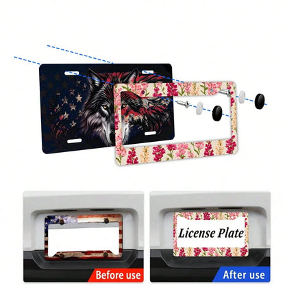 1pc Pink Floral Pattern 2 Hole License Plate Frame Aluminum Material 6x12 Inches With Screw Set Vintage Car Decoration Standard US License Plate Size Fits American Car Licence Plates Auto Accessories