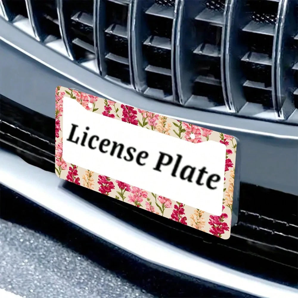 1pc Pink Floral Pattern 2 Hole License Plate Frame Aluminum Material 6x12 Inches With Screw Set Vintage Car Decoration Standard US License Plate Size Fits American Car Licence Plates Auto Accessories