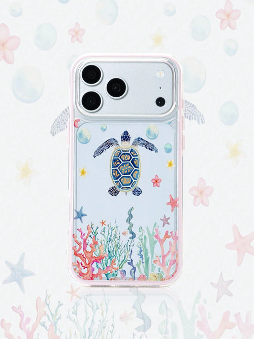 1pc Pink Frame Transparent Minimalist Lens Protection Anti-Drop Anti-Collision Colorful Turtle Coral Pattern Phone Case Personalized Suitable For IPhone 16 Pro Max/17/16/15/14/13/12/11/Air And Series