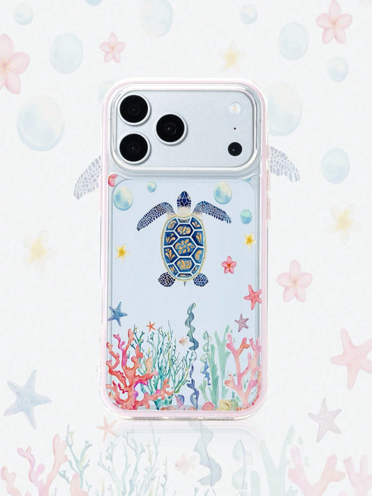 1pc Pink Frame Transparent Minimalist Lens Protection Anti-Drop Anti-Collision Colorful Turtle Coral Pattern Phone Case Personalized Suitable For IPhone 16 Pro Max/17/16/15/14/13/12/11/Air And Series