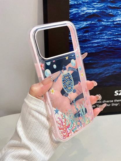 1pc Pink Frame Transparent Minimalist Lens Protection Anti-Drop Anti-Collision Colorful Turtle Coral Pattern Phone Case Personalized Suitable For IPhone 16 Pro Max/17/16/15/14/13/12/11/Air And Series