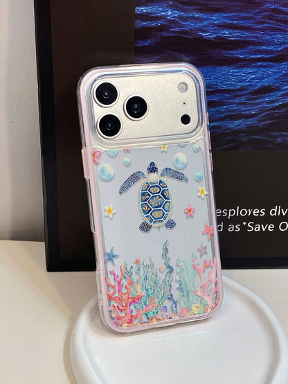 1pc Pink Frame Transparent Minimalist Lens Protection Anti-Drop Anti-Collision Colorful Turtle Coral Pattern Phone Case Personalized Suitable For IPhone 16 Pro Max/17/16/15/14/13/12/11/Air And Series