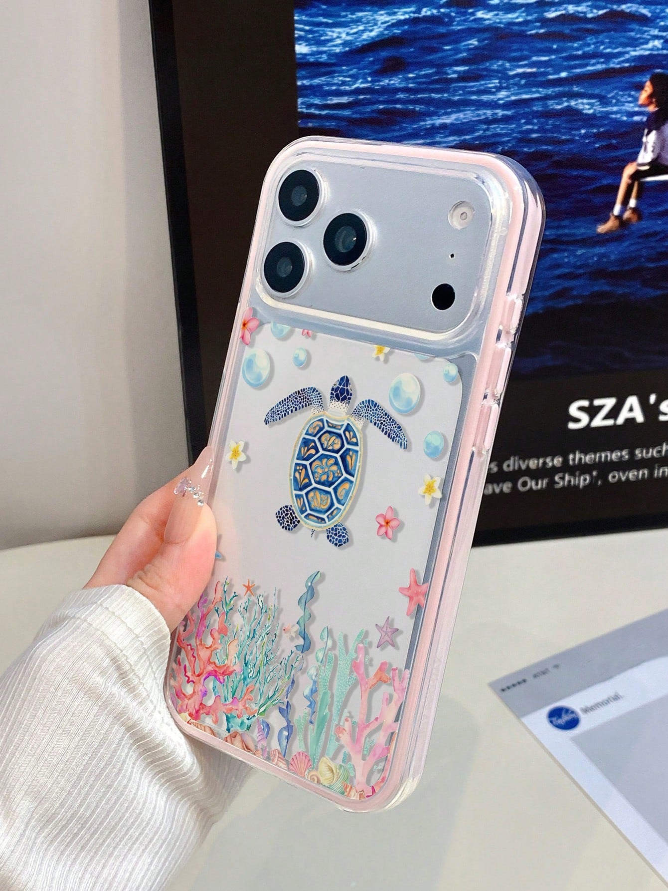 1pc Pink Frame Transparent Minimalist Lens Protection Anti-Drop Anti-Collision Colorful Turtle Coral Pattern Phone Case Personalized Suitable For IPhone 16 Pro Max/17/16/15/14/13/12/11/Air And Series