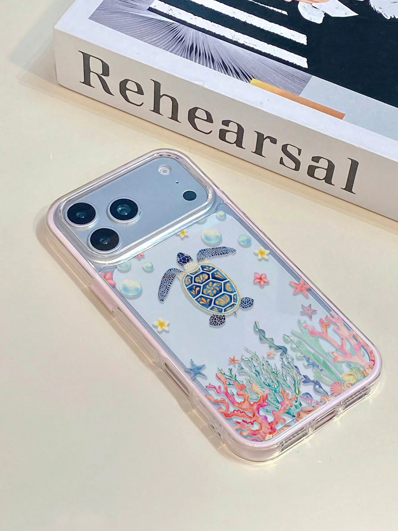 1pc Pink Frame Transparent Minimalist Lens Protection Anti-Drop Anti-Collision Colorful Turtle Coral Pattern Phone Case Personalized Suitable For IPhone 16 Pro Max/17/16/15/14/13/12/11/Air And Series