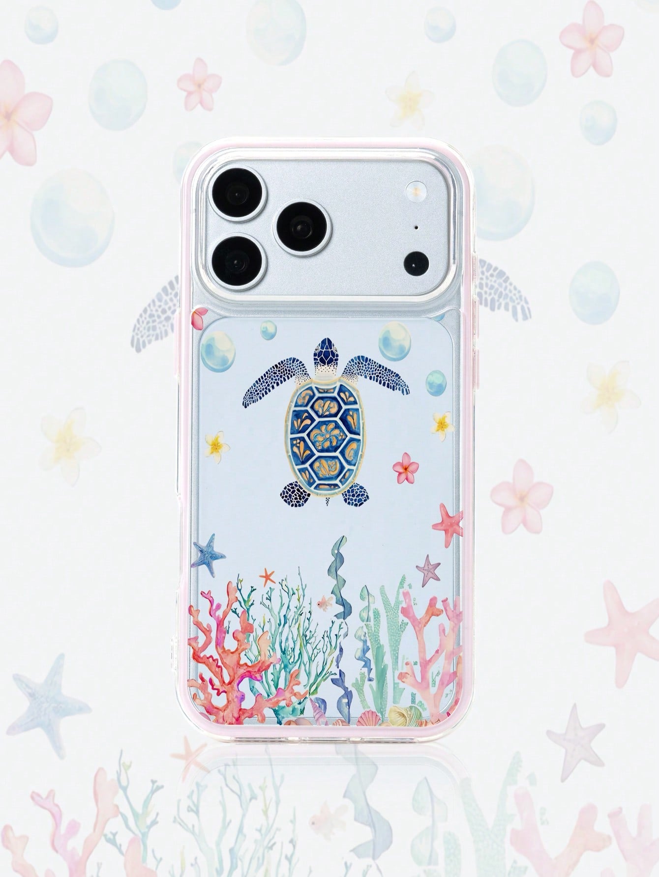 1pc Pink Frame Transparent Minimalist Lens Protection Anti-Drop Anti-Collision Colorful Turtle Coral Pattern Phone Case Personalized Suitable For IPhone 16 Pro Max/17/16/15/14/13/12/11/Air And Series