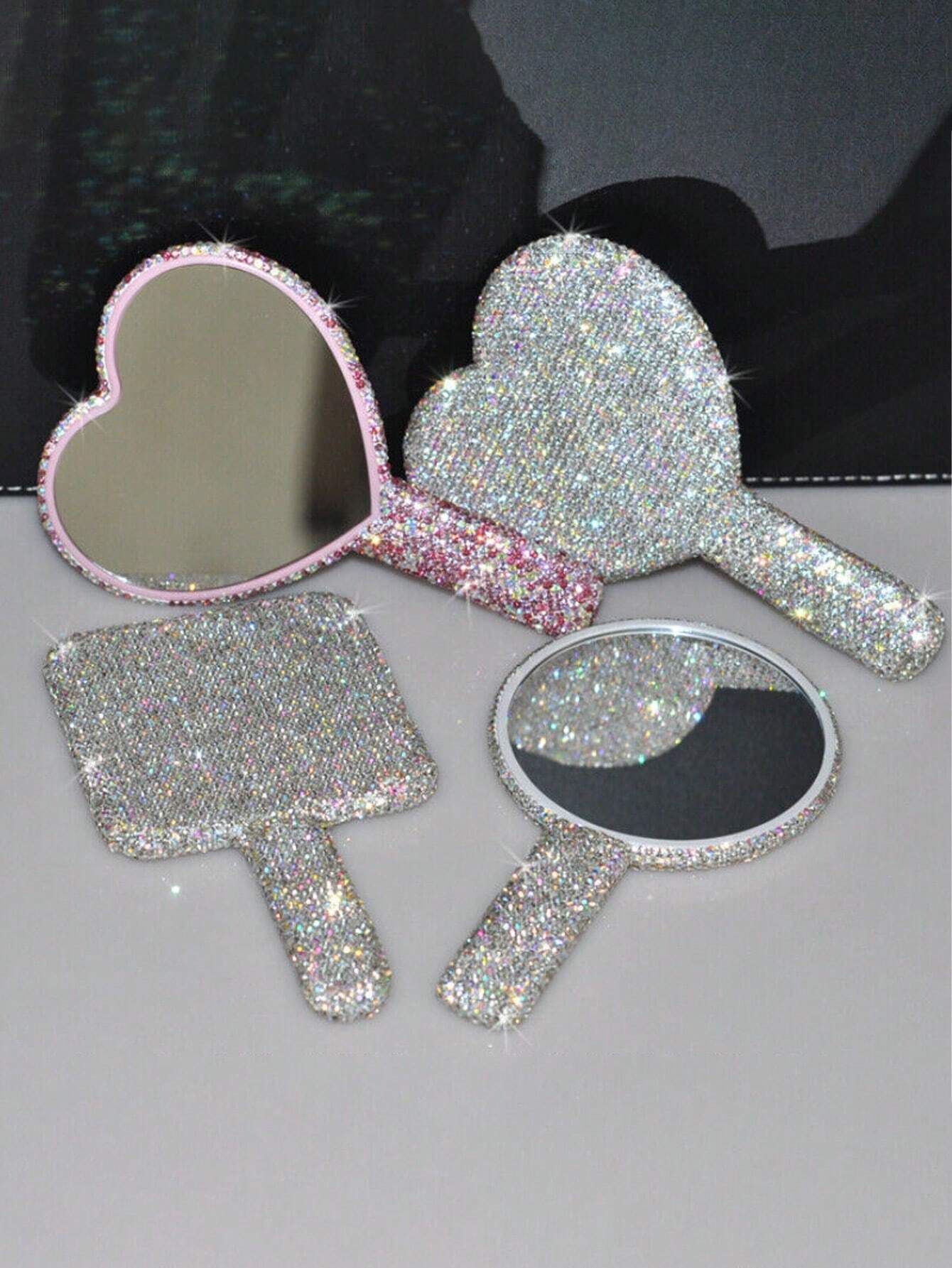 1pc Portable Crystal Rhinestone Handheld Mirror, Rhinestone-Encrusted ABS Beauty Handle Makeup Mirror, Bling Bling Princess Mirror For Makeup Touch-Up Best Home Decor Back To School Room Decor School