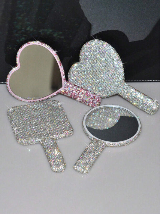 1pc Portable Crystal Rhinestone Handheld Mirror, Rhinestone-Encrusted ABS Beauty Handle Makeup Mirror, Bling Bling Princess Mirror For Makeup Touch-Up Best Home Decor Back To School Room Decor School