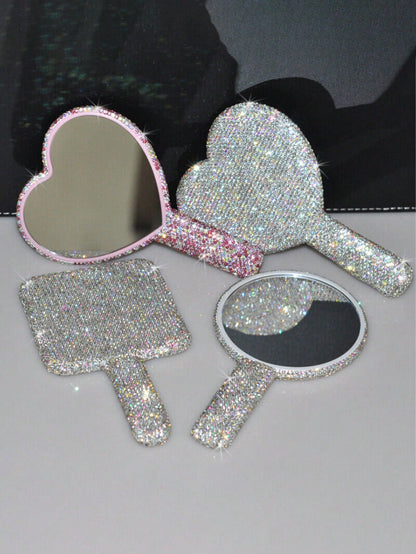 1pc Portable Crystal Rhinestone Handheld Mirror, Rhinestone-Encrusted ABS Beauty Handle Makeup Mirror, Bling Bling Princess Mirror For Makeup Touch-Up Best Home Decor Back To School Room Decor School
