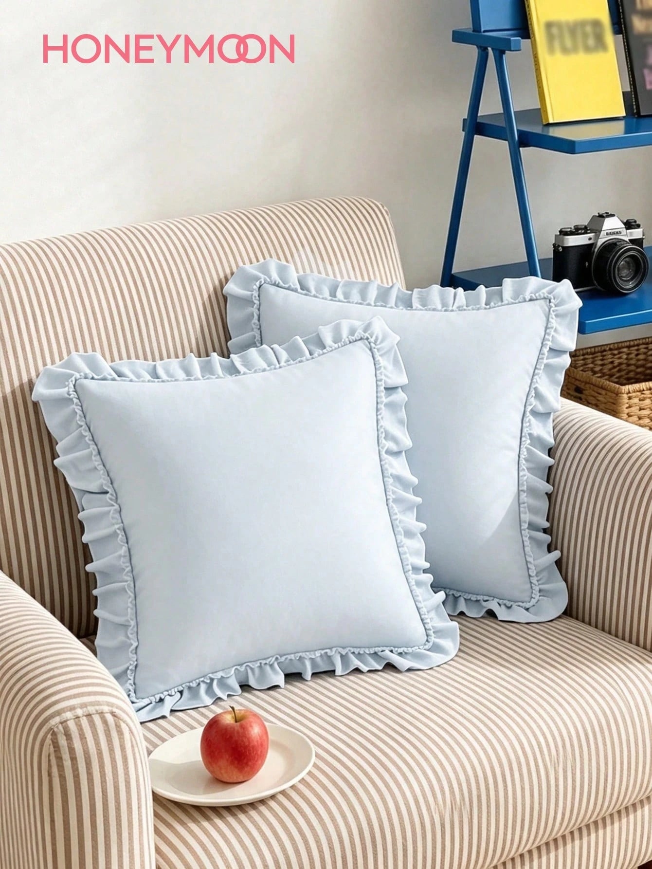 1pc Prewashed 100% Polyester French Romantic Ruffled Quilted Pillow Sham, Without Filling, Envelope Closure, Wrinkle Resistant, Machine Washable, OEKO-TEX Certified, Blue