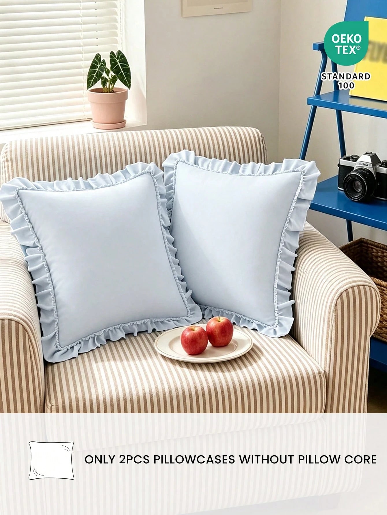 1pc Prewashed 100% Polyester French Romantic Ruffled Quilted Pillow Sham, Without Filling, Envelope Closure, Wrinkle Resistant, Machine Washable, OEKO-TEX Certified, Blue