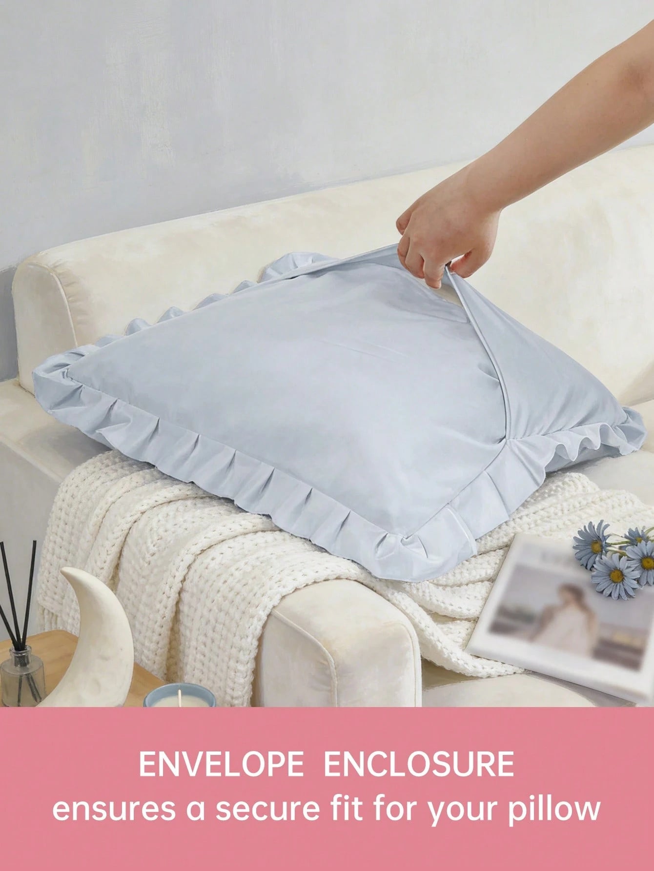 1pc Prewashed 100% Polyester French Romantic Ruffled Quilted Pillow Sham, Without Filling, Envelope Closure, Wrinkle Resistant, Machine Washable, OEKO-TEX Certified, Blue