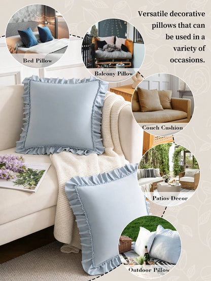 1pc Prewashed 100% Polyester French Romantic Ruffled Quilted Pillow Sham, Without Filling, Envelope Closure, Wrinkle Resistant, Machine Washable, OEKO-TEX Certified, Blue