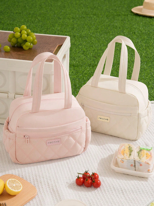 1pc Quilted Insulated Lunch Bag For Women, Large Capacity Leakproof Lunch Tote With Shoulder Strap, Multi-Color Portable Cooler Bag For Work Office School, Daily Meal Prep Carrier Mommy Bag Travel Pic