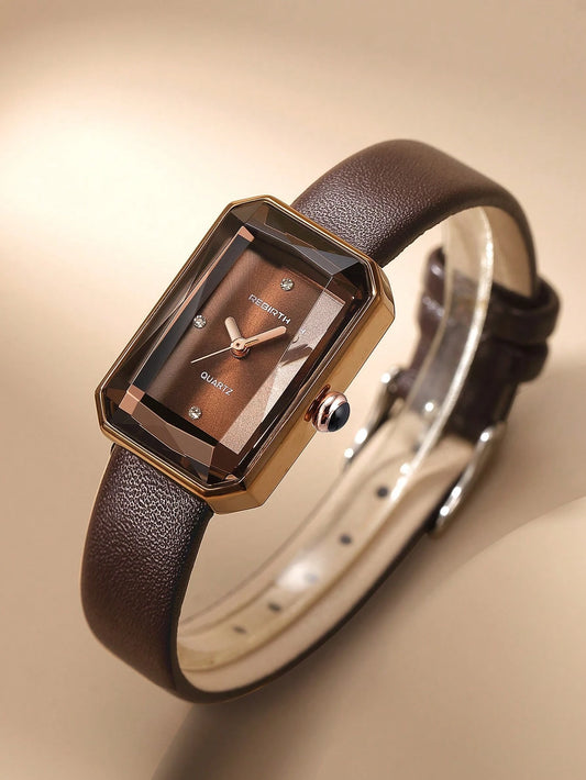 1pc Rebirth Brand Women's Simple Square Dial Vintage Fashion Casual Quartz Wristwatch