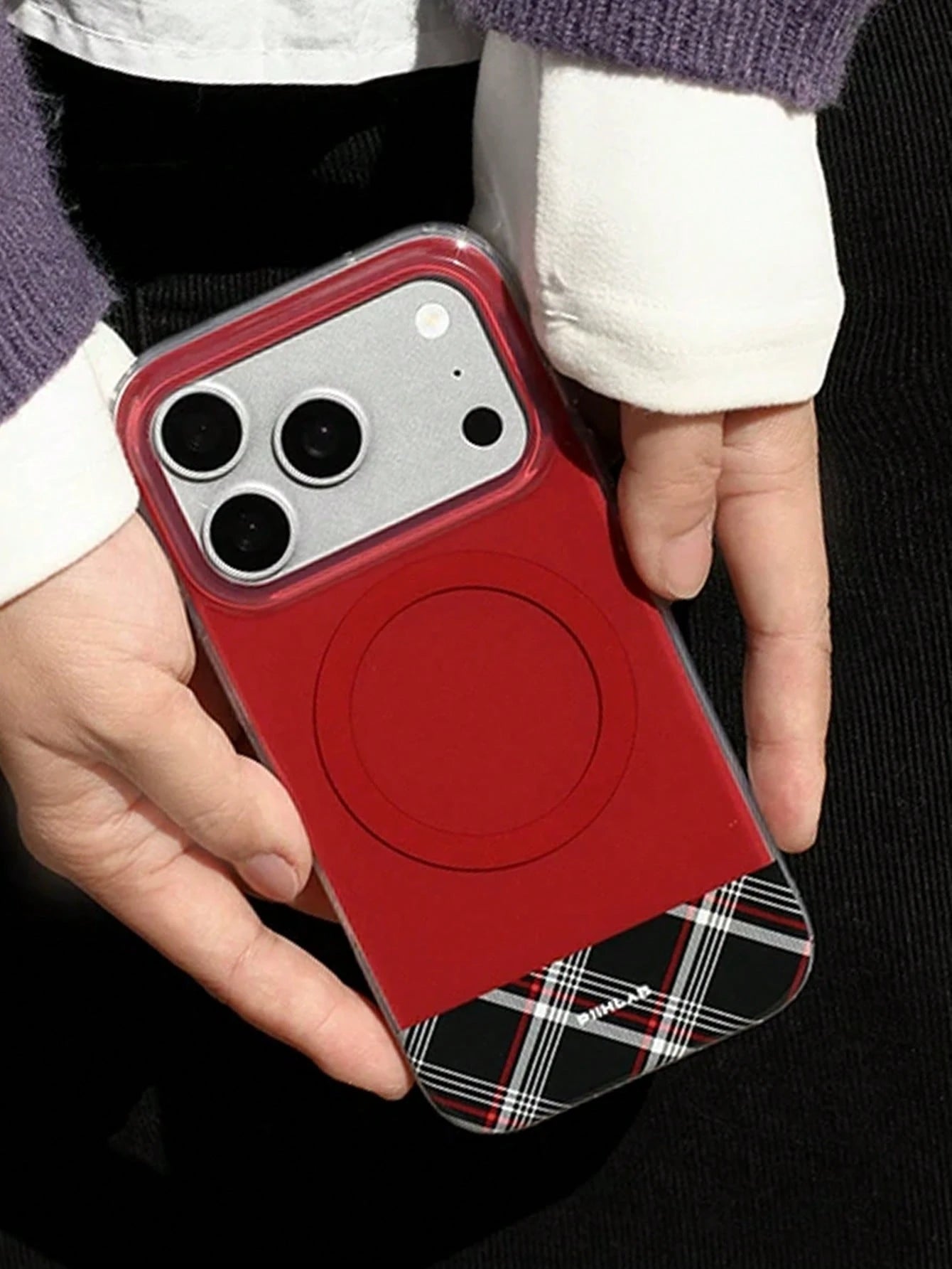 1pc Red Plaid Splicing Clear Phone Case Anti-Scratch Glossy Hard Protective Shell Fashion Unisex Daily Cell Phone Case Compatible With IPhone 11 12 13 14 15 16 17 Pro Max