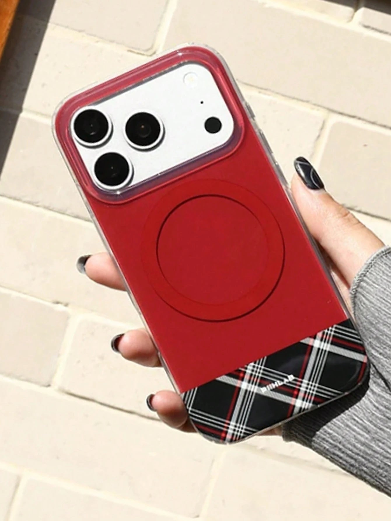 1pc Red Plaid Splicing Clear Phone Case Anti-Scratch Glossy Hard Protective Shell Fashion Unisex Daily Cell Phone Case Compatible With IPhone 11 12 13 14 15 16 17 Pro Max
