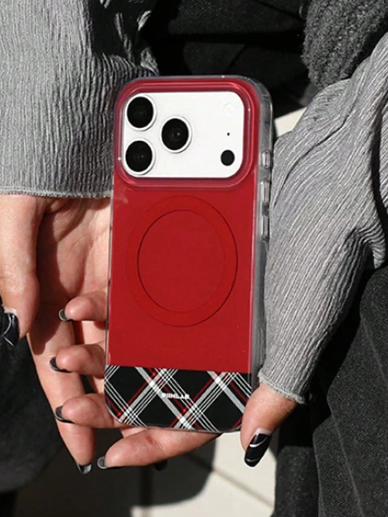 1pc Red Plaid Splicing Clear Phone Case Anti-Scratch Glossy Hard Protective Shell Fashion Unisex Daily Cell Phone Case Compatible With IPhone 11 12 13 14 15 16 17 Pro Max