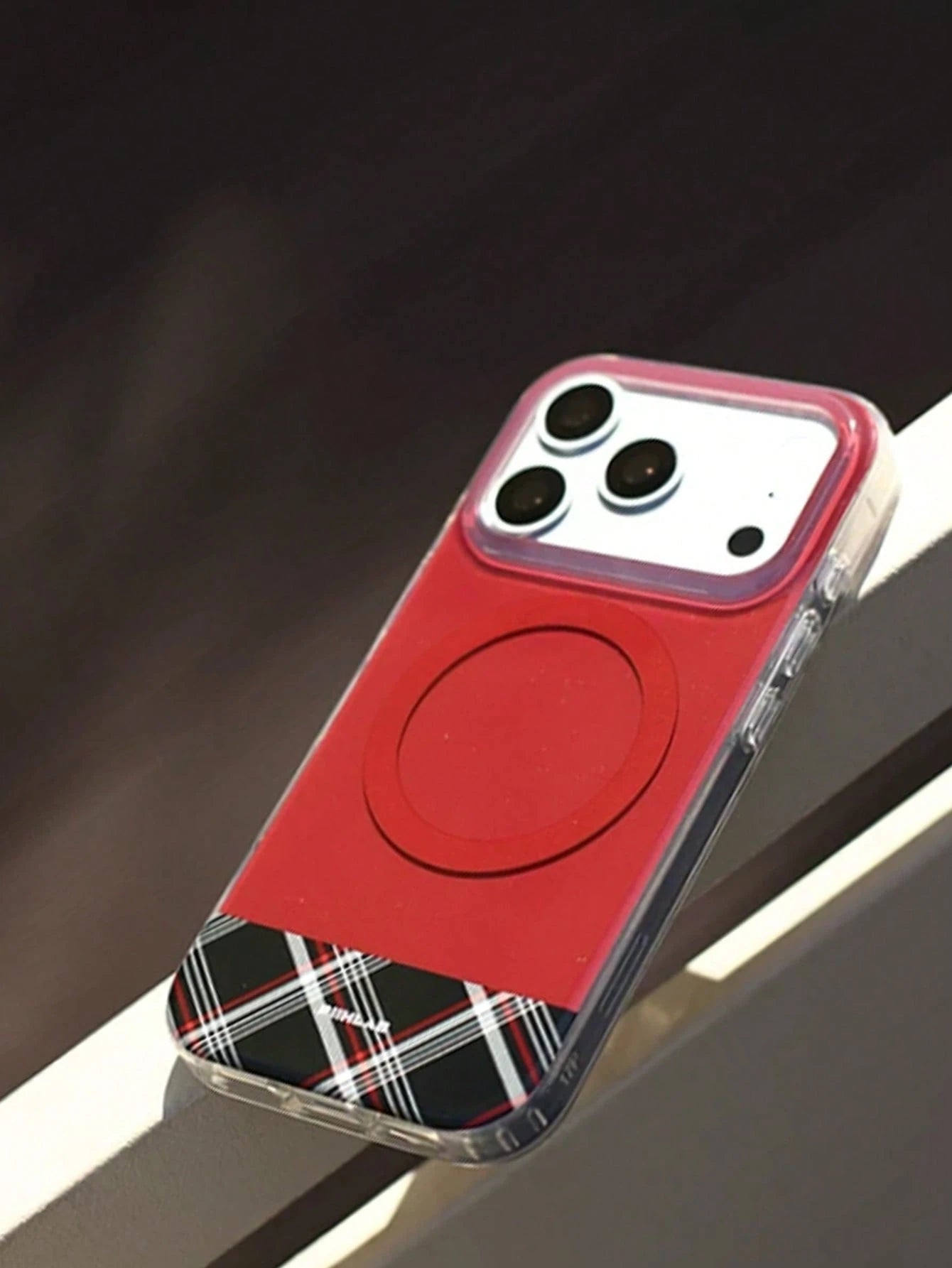 1pc Red Plaid Splicing Clear Phone Case Anti-Scratch Glossy Hard Protective Shell Fashion Unisex Daily Cell Phone Case Compatible With IPhone 11 12 13 14 15 16 17 Pro Max