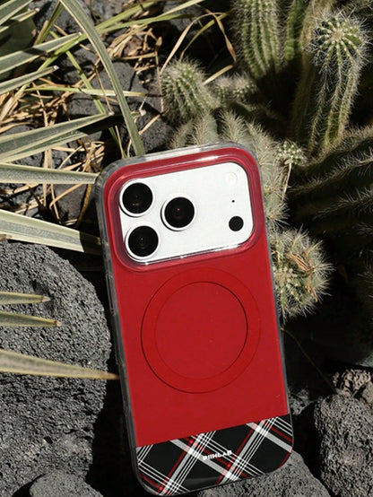 1pc Red Plaid Splicing Clear Phone Case Anti-Scratch Glossy Hard Protective Shell Fashion Unisex Daily Cell Phone Case Compatible With IPhone 11 12 13 14 15 16 17 Pro Max