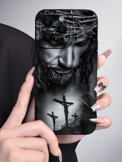 1pc Religious Mythological Figure Elements Fashion Phone Case Black White Graphic 2D Pattern Popular Creative Stylish Believer Style For Gifting To Friends Family Couples Yourself Black Matte Soft Pro