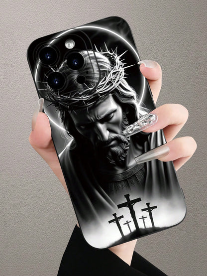 1pc Religious Mythological Figure Elements Fashion Phone Case Black White Graphic 2D Pattern Popular Creative Stylish Believer Style For Gifting To Friends Family Couples Yourself Black Matte Soft Pro