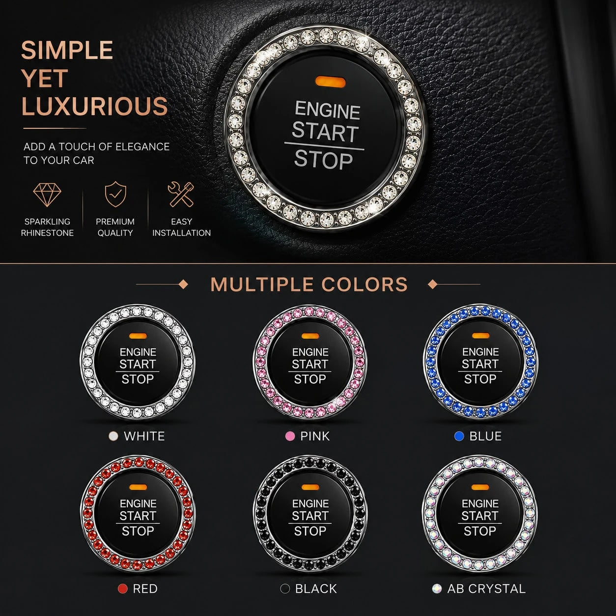 1pc Rhinestone Car Engine Start/Stop Button Ring, Shiny Crystal One-Touch Start Button Decorative Cover, Shiny Car Interior Accessory