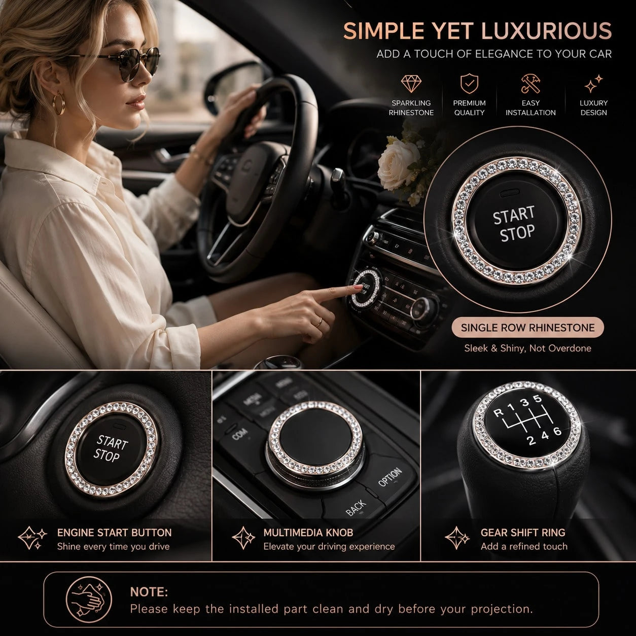 1pc Rhinestone Car Engine Start/Stop Button Ring, Shiny Crystal One-Touch Start Button Decorative Cover, Shiny Car Interior Accessory