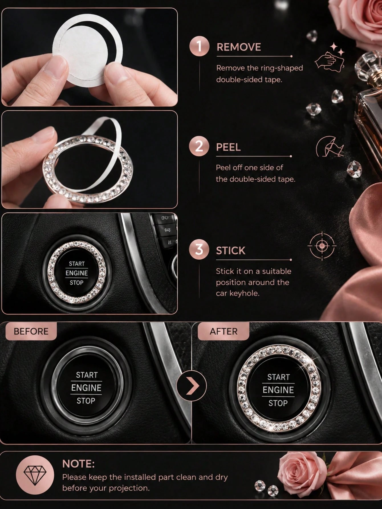 1pc Rhinestone Car Engine Start/Stop Button Ring, Shiny Crystal One-Touch Start Button Decorative Cover, Shiny Car Interior Accessory