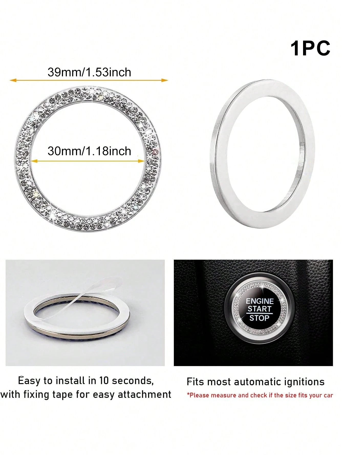 1pc Rhinestone Decor Glass Car One-button Start Decoration Ring